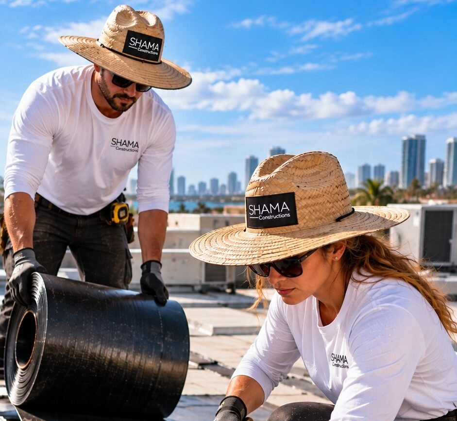 SHAMA Constructions roofing crew installing a flat roof in Miami, FL